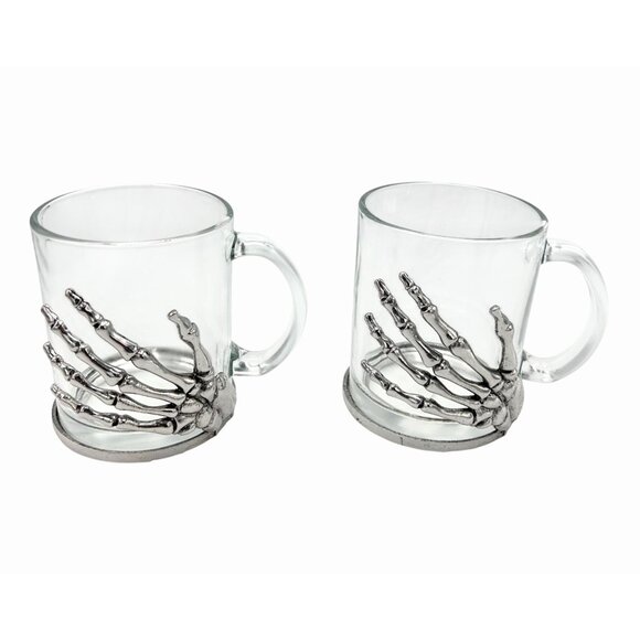 NWT SET OF 2 SILVER METAL SKELETON HAND GLASS MUGS HALLOWEEEN GOTHIC UNDEAD - Picture 2 of 7